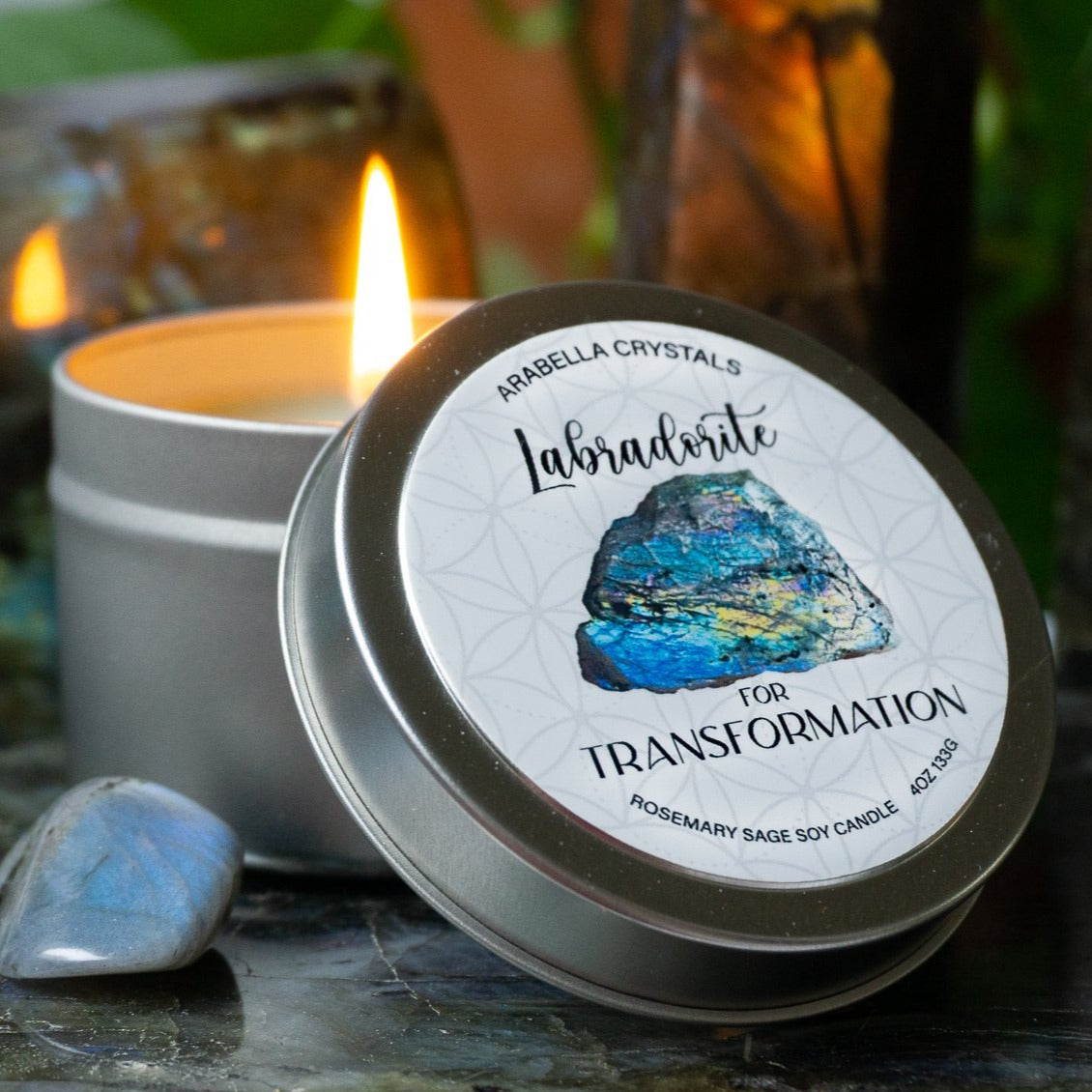 Labradorite Crystal Candle Tin