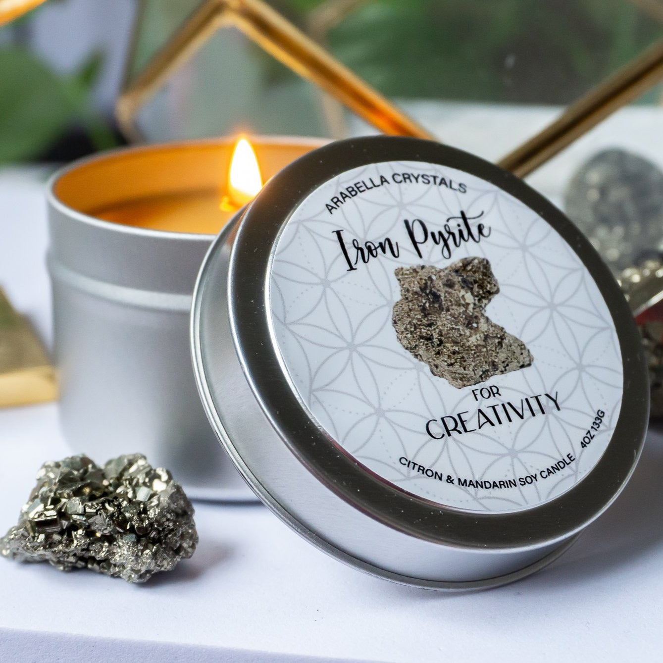 Iron Pyrite Crystal Candle Tin