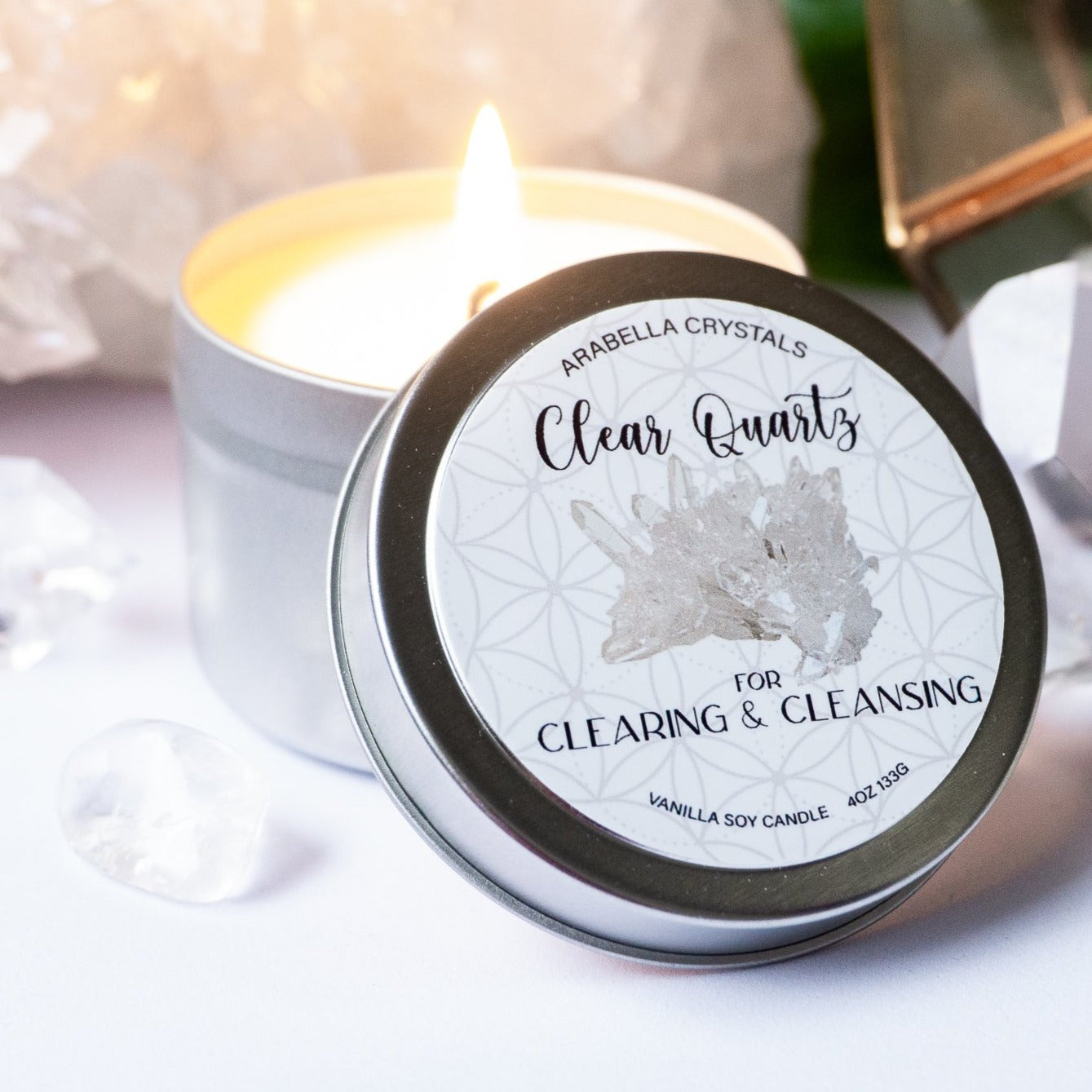 Clear Quartz Crystal Candle Tin