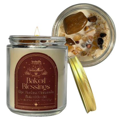 Baked Blessings Crystal Infused Soy Candle Notes of: Banana, Orange and Cardamom