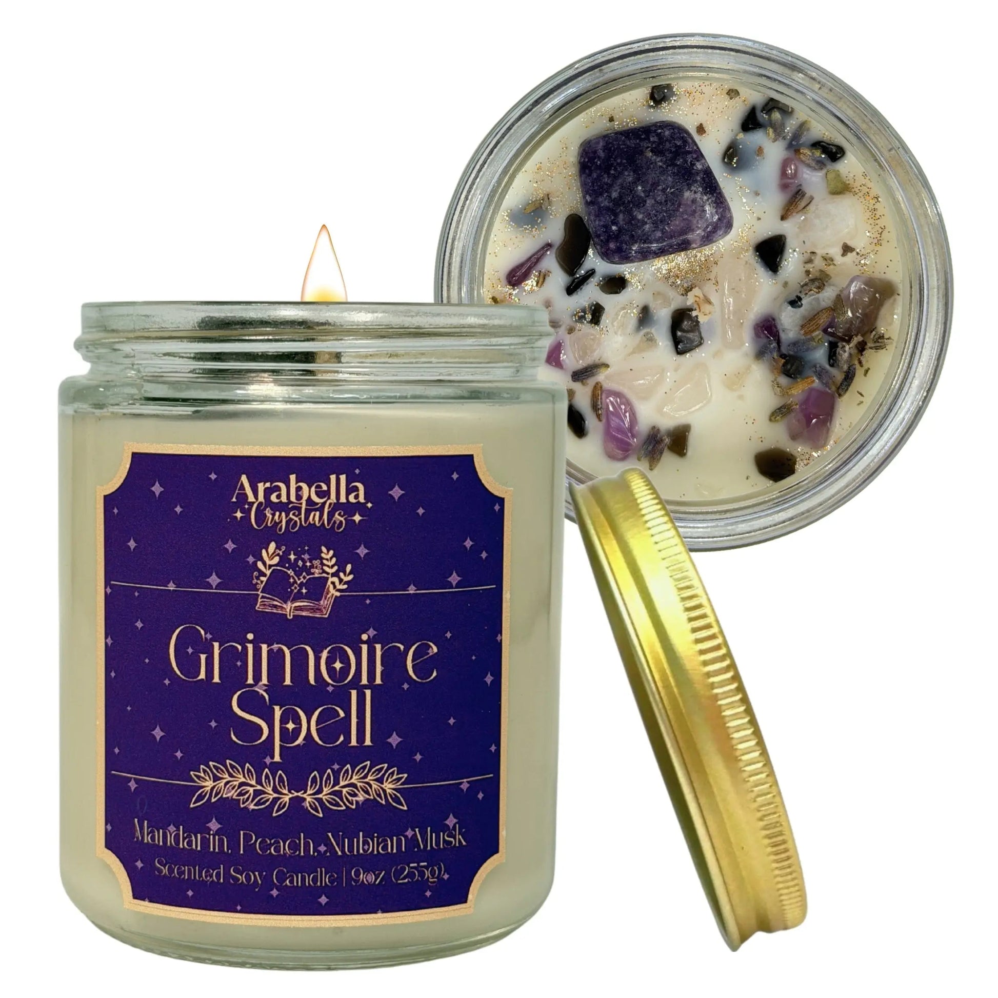 Grimoire Spell Crystal Infused Soy Candle Notes of: Grapefruit, Peach, Musk