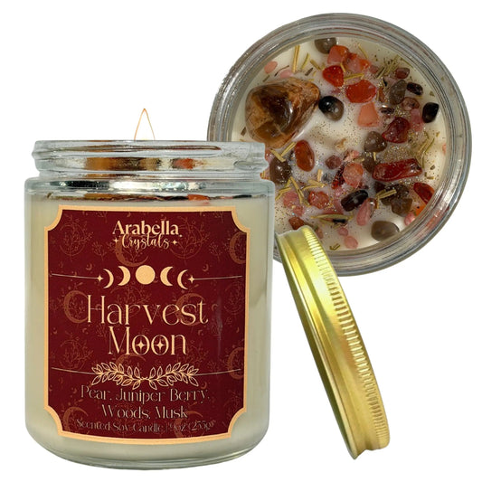 Harvest Moon Crystal Infused Soy Candle Notes of: Pear, Juniper Berry and Woods