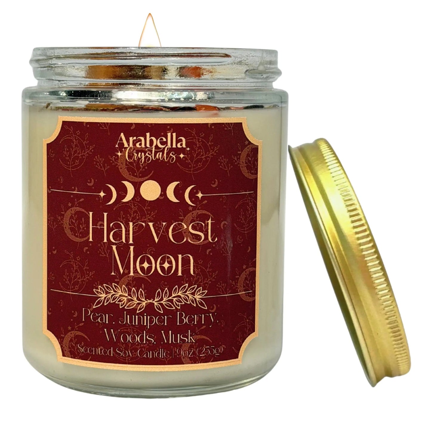 Harvest Moon Crystal Infused Soy Candle Notes of: Pear, Juniper Berry and Woods