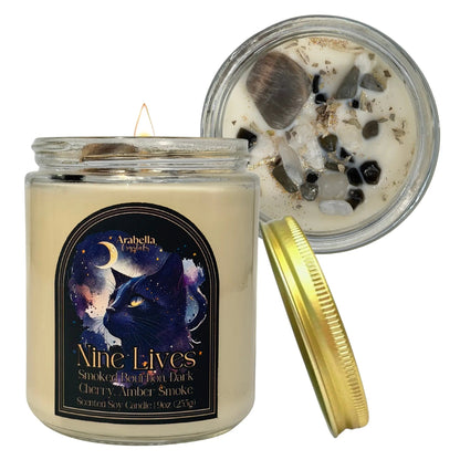 Nine Lives Crystal Infused Soy Candle Notes of: Blood Orange, Bourbon and Oakwood