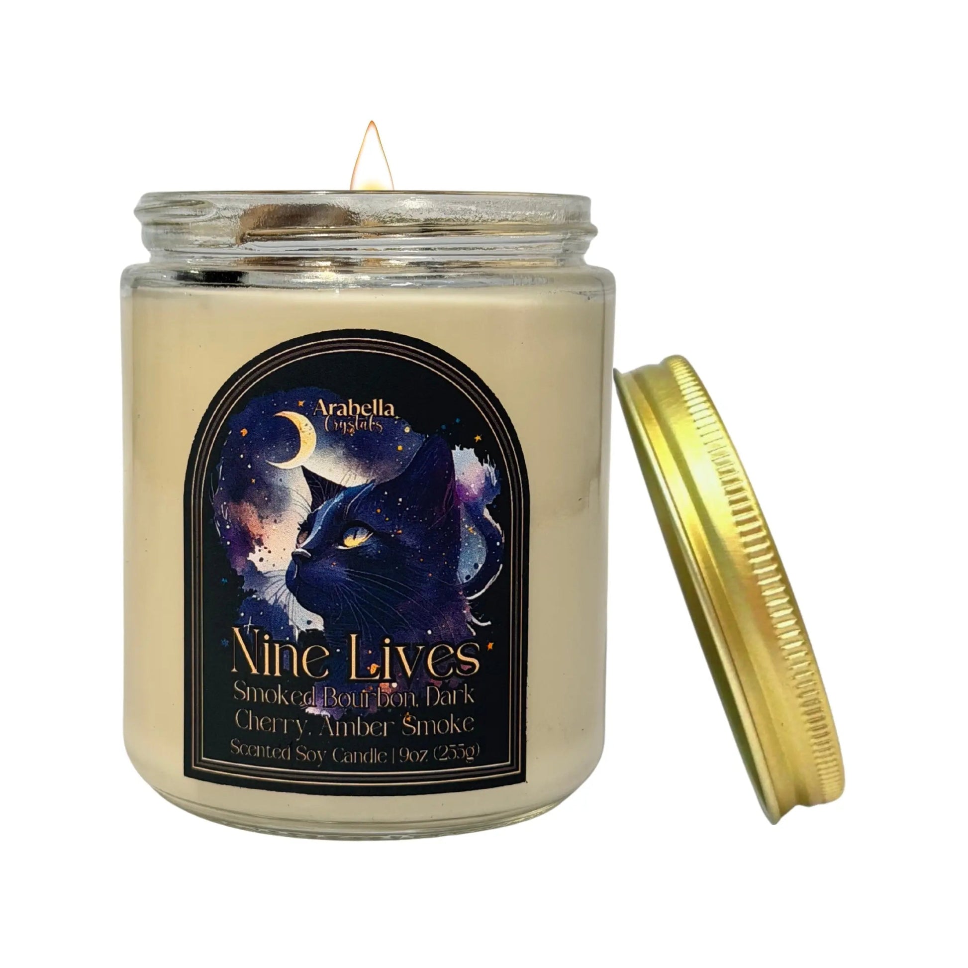 Nine Lives Crystal Infused Soy Candle Notes of: Blood Orange, Bourbon and Oakwood