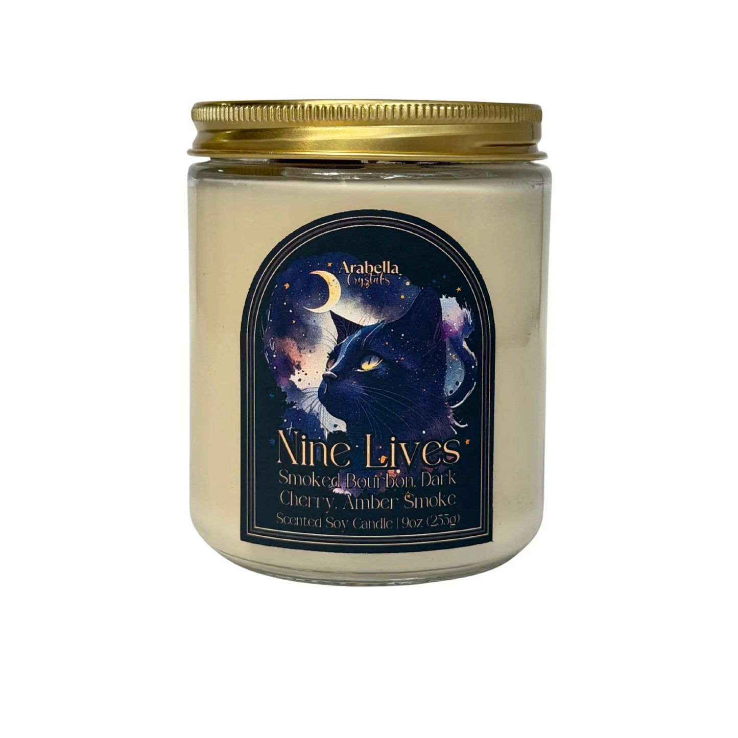 Nine Lives Crystal Infused Soy Candle Notes of: Blood Orange, Bourbon and Oakwood