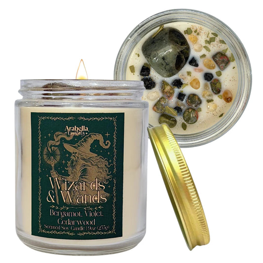 Wizards and Wands Crystal Infused Soy Candle Notes of: Bergamot, Violet and Cedarwood