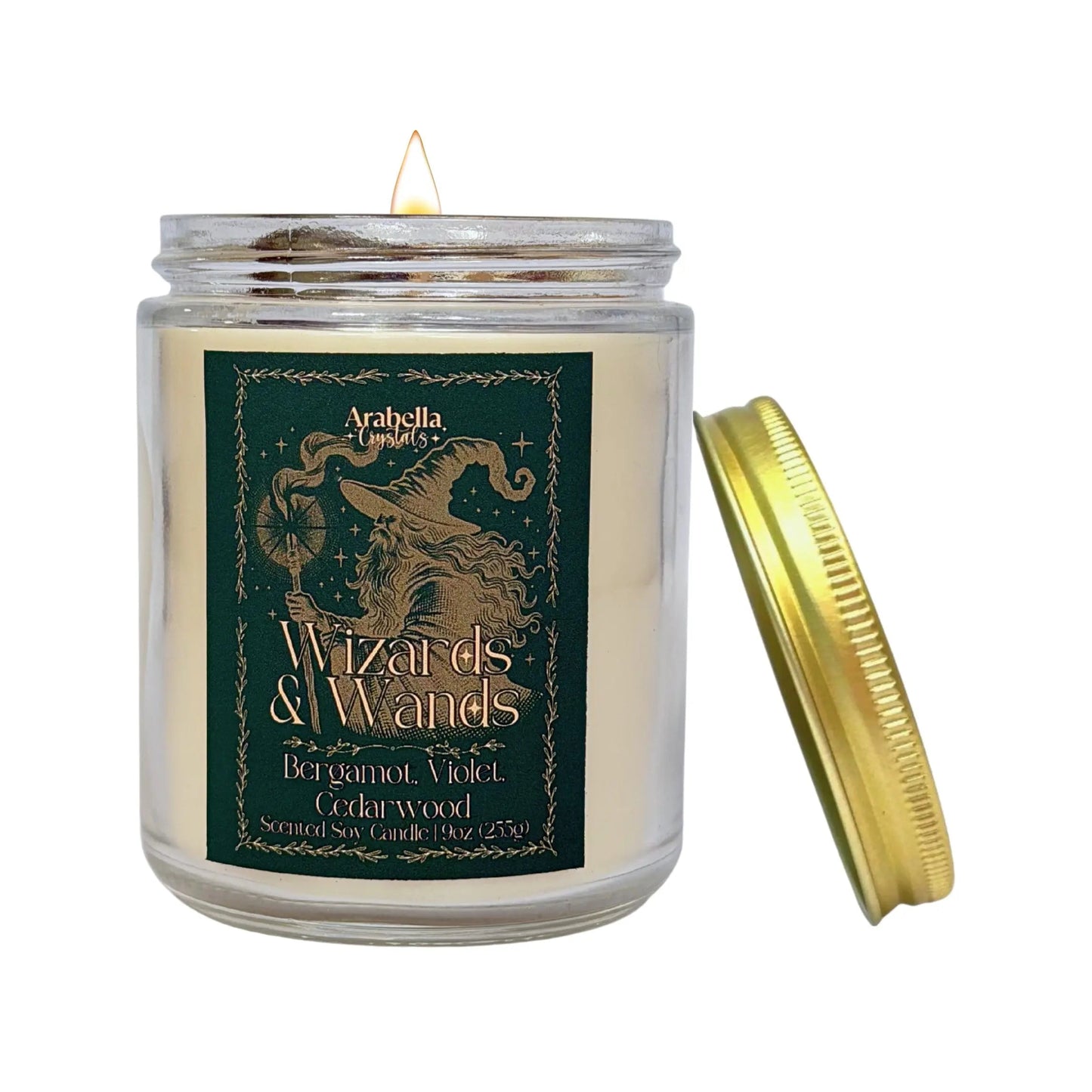 Wizards and Wands Crystal Infused Soy Candle Notes of: Bergamot, Violet and Cedarwood